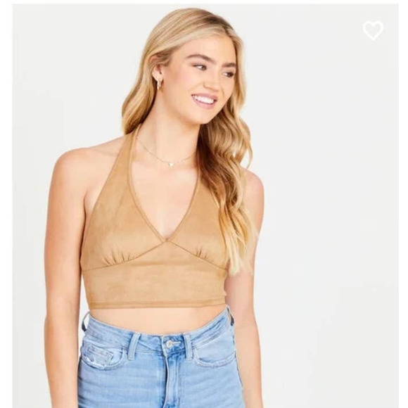 Altar'd State Tan Faux Suede Halter Tie Back Pointe V-neck Cropped Top Size L - Picture 1 of 10